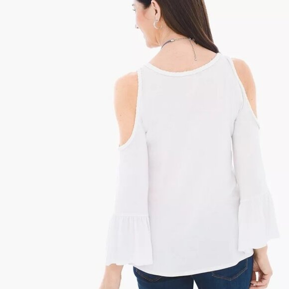 Chicos Womens Cold Shoulder Knit Tank Top White Size 3 Braided Long Flare Sleeve - Picture 2 of 5